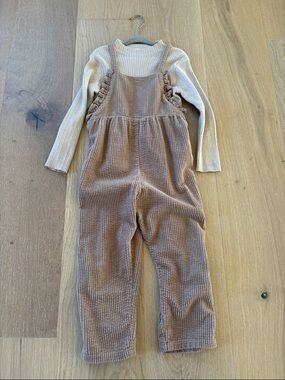 Girls' Corduroy Ruffle Strap Overalls with Ribbed Top - Beige/Camel